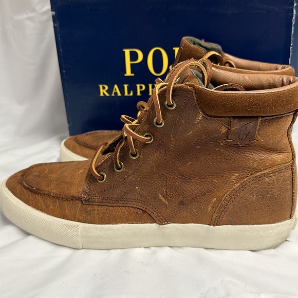 Polo Ralph Lauren Men’s TEDD High Top Leather Sneaker Brown Size 9.5 - Picture 3 of 7